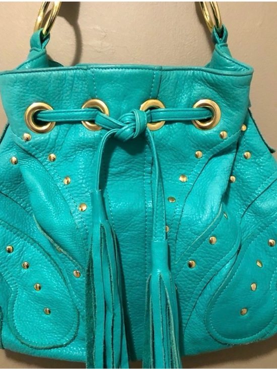 BULGA Handbags - BULGA Teal leather boho Bag with Gold Eyelets